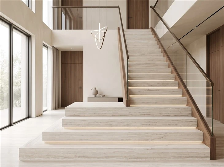 White Wooden Marble stair treads and risers with glass railings and warm wood accents in a luxury custom home