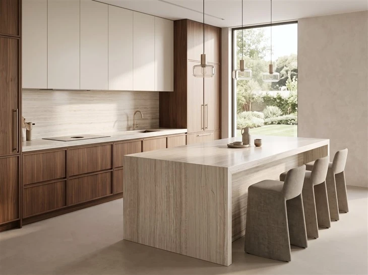 White Wooden Marble kitchen countertop and waterfall island with warm wood cabinetry in a luxury custom home